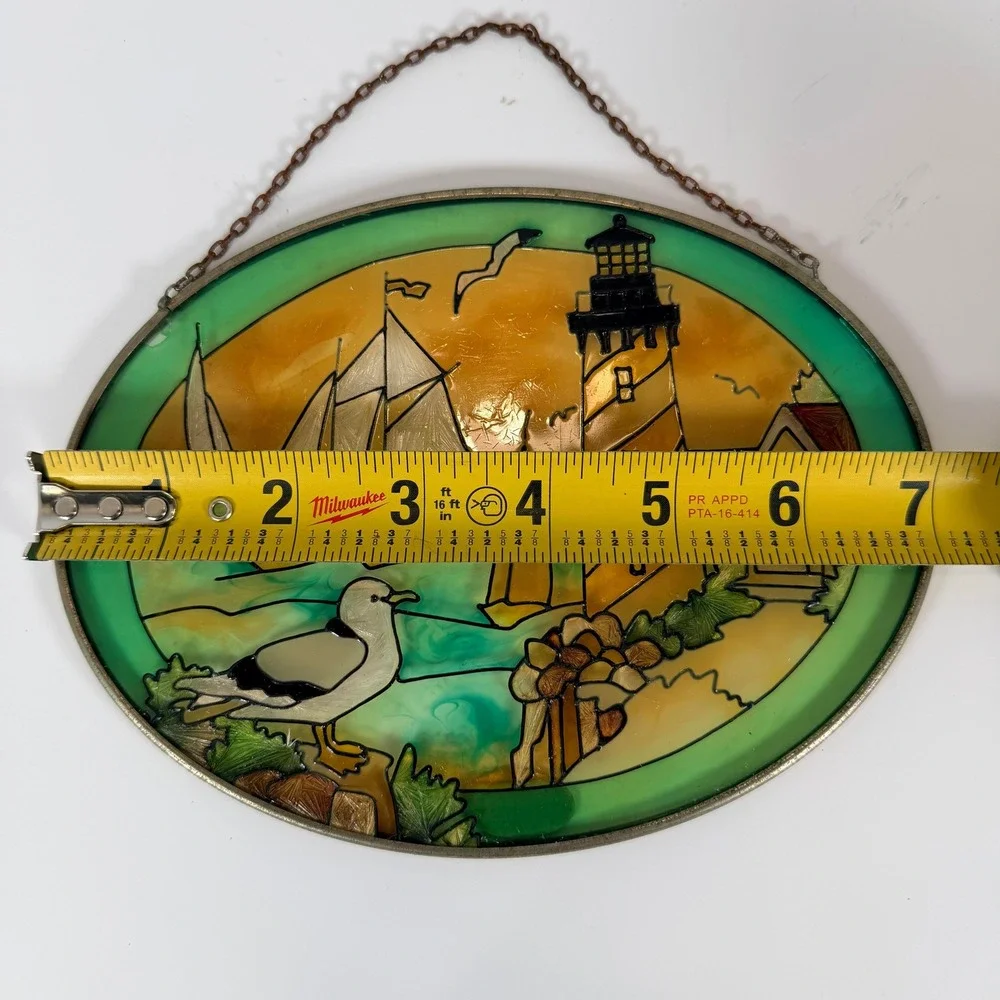 Handpainted Stained Glass‎ Oval Sun Catcher Lighthouse Sailboats Seagull Coastal